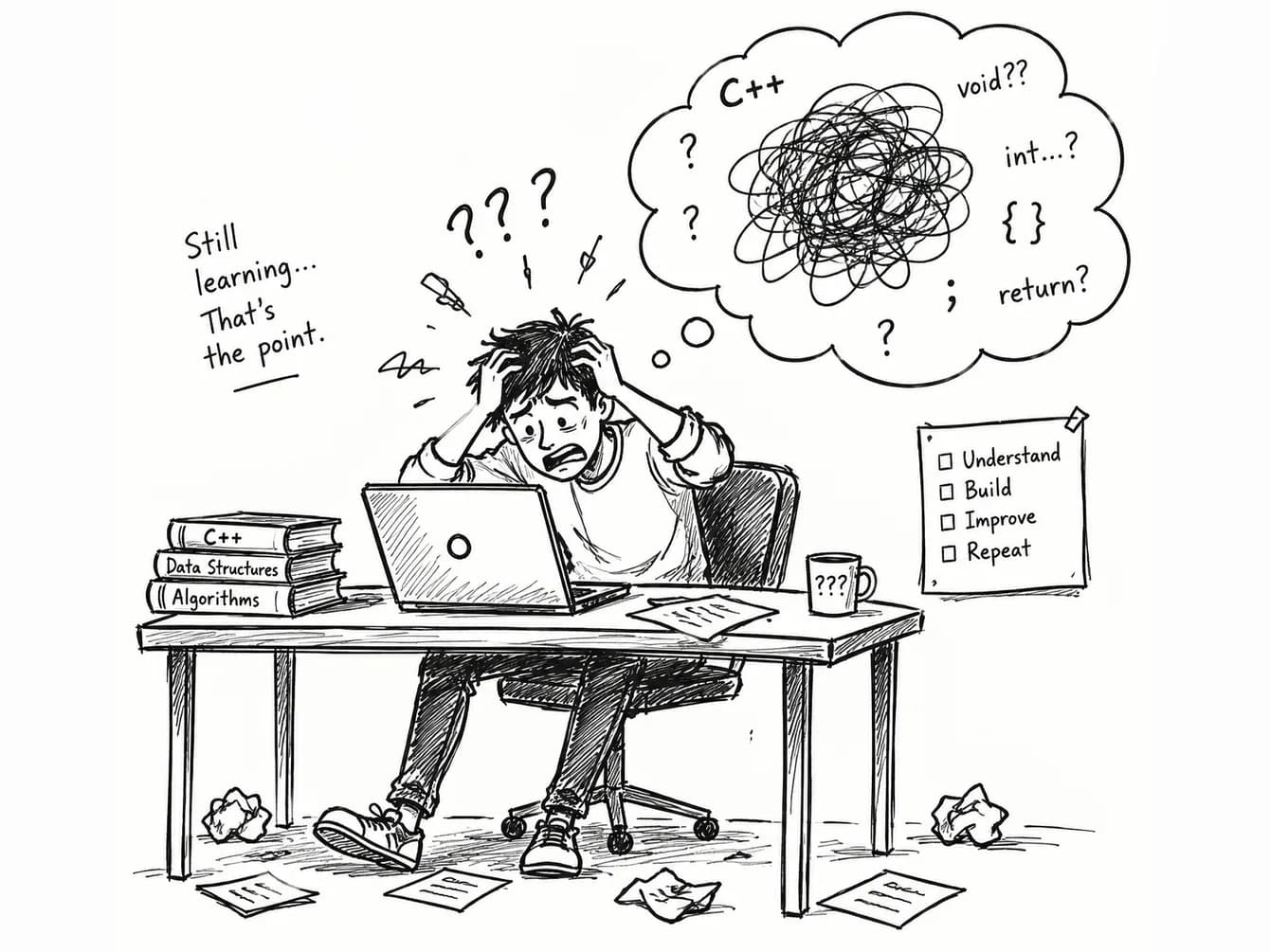 Illustration: a student at a desk piled with C++, Data Structures and Algorithms books, working through confusing code.