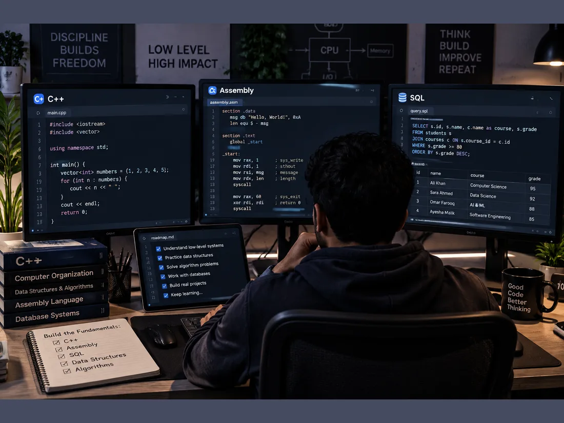 Illustration: a three-monitor desk setup showing C++, Assembly and SQL side by side, with a fundamentals checklist.