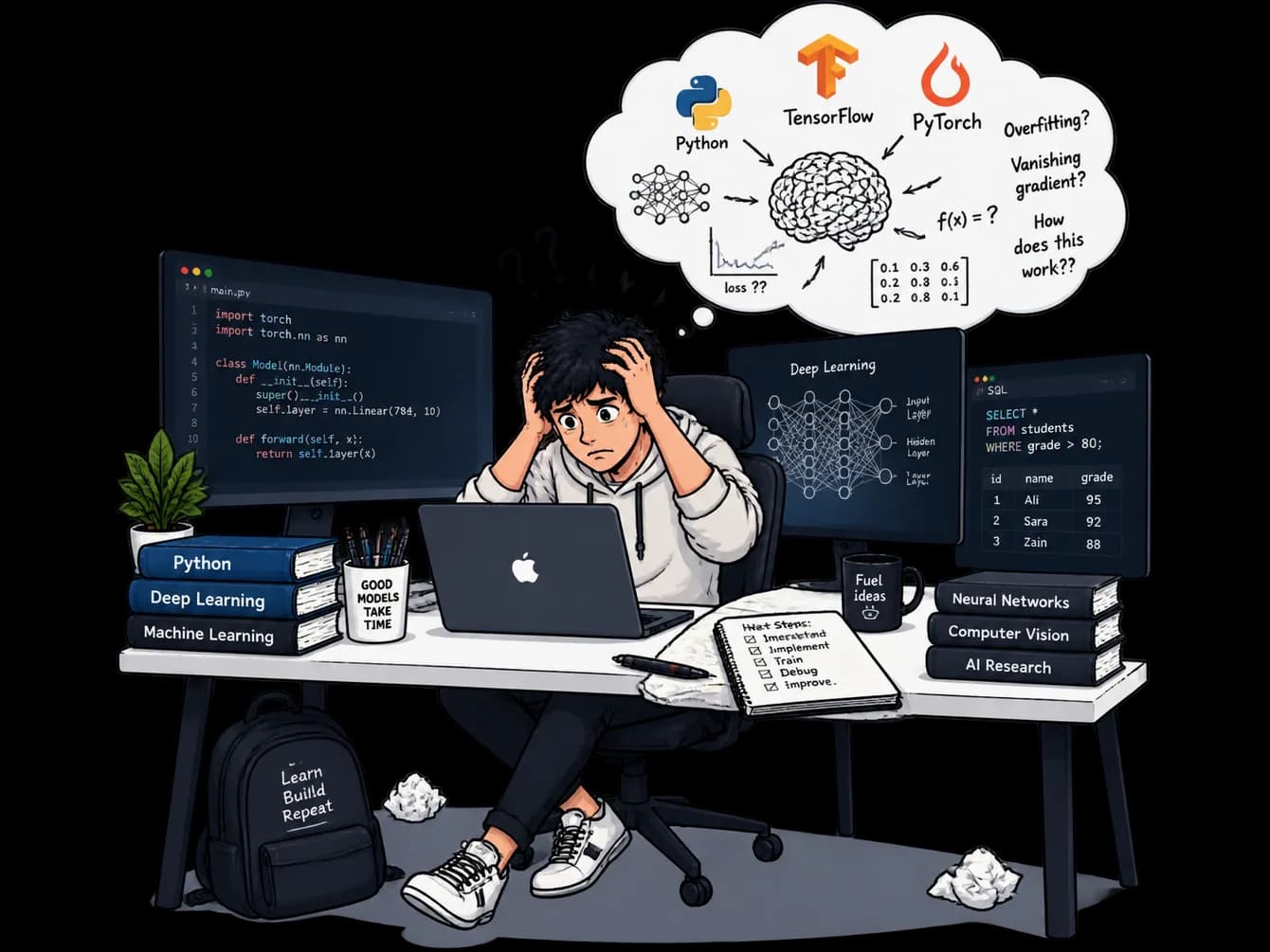 Illustration: working through neural networks and training problems with Python, TensorFlow and PyTorch.