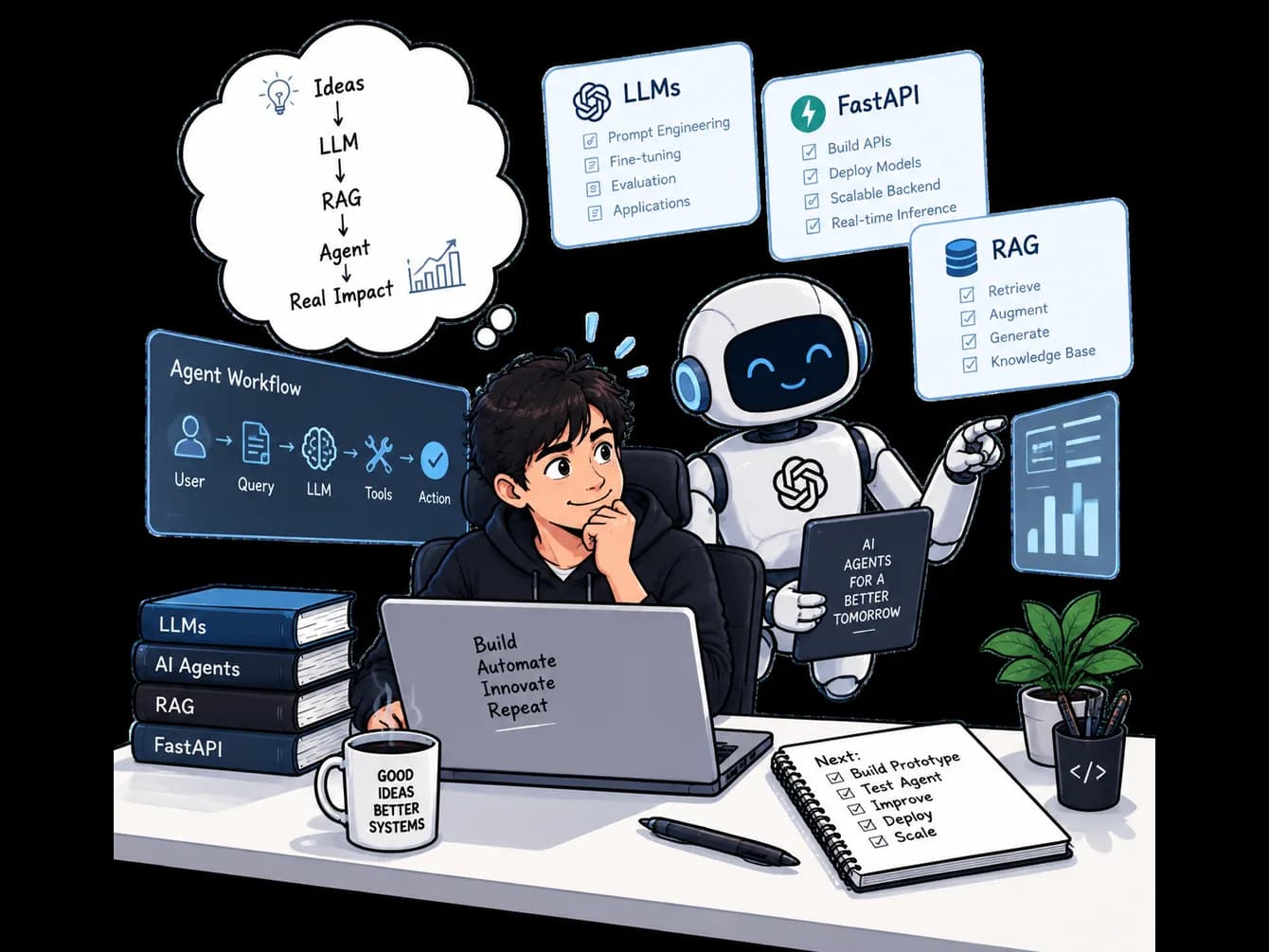 Illustration: designing an agent workflow with LLMs, RAG and FastAPI alongside an AI assistant.