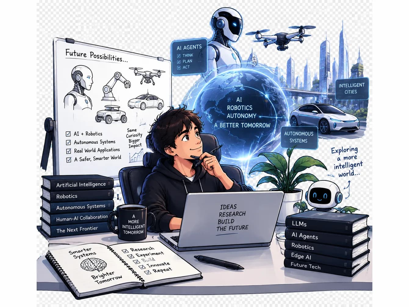Illustration: sketching future possibilities across AI, robotics, autonomous systems and intelligent cities.